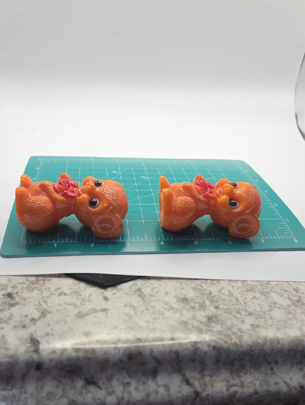 Pair of Orange Resin Kitten Figurines with Red Bows MCM Hong Kong 1960's